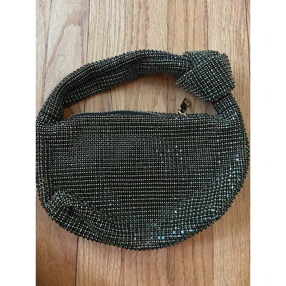 Madison West Knotted Emerald Green Rhinestone Gold Tone Dumpling Evening Handbag
